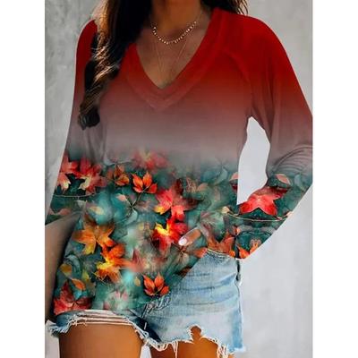 Spring and Autumn V-neck Flower Pattern 3D Printed Top Fashionable Casual Long Sleeved Women's T-shirts