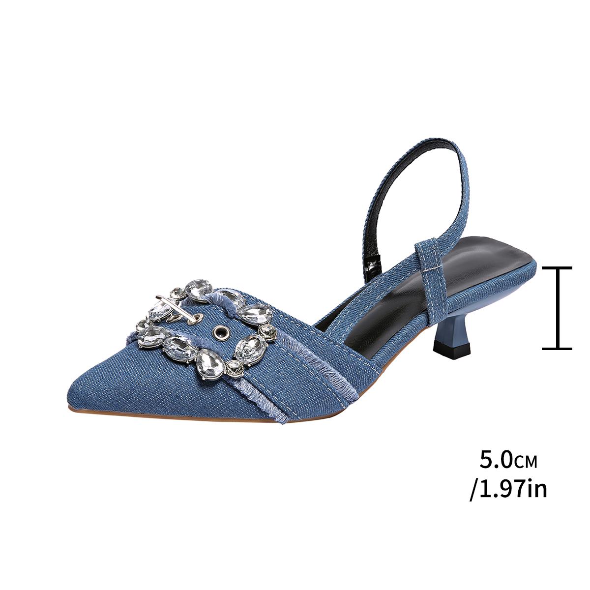 

Fashion Luxury Crystal Square Buckle Slingback Sandals Woman Fashion Point Toe Kitten Heel Denim Pump Ladies Bling Rhinestone Party Shoe 35