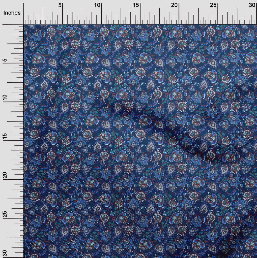 oneOone Blauer Baumwoll-Flex-Stoff mit Blumenmuster, bedruckter Stoff, Meterware, 40 Zoll