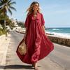 Damen Kurzarm A-Linien Swing Kleid, V-Ausschnitt Plissiert Fließendes Langes Kleid, Sommer Lässig Strandurlaub Sommerkleid