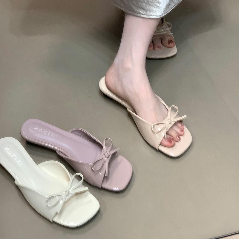 2025 Low Heel Square Head Sandals Fairy Style Bow Patent Leather Cool Slippers Outer Wear with Skirt