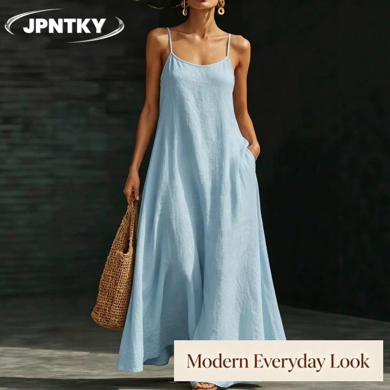 JPNTKY Women's Fashion Summer Spring Solid Color Print U-Neck Sleeveless Casual Dresses