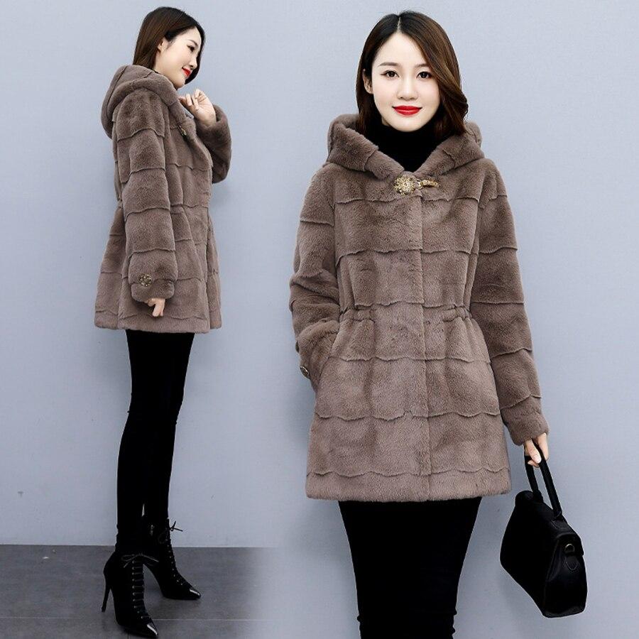 Verdicken Mittellange Kapuze Faux Nerz Pelzmantel Frauen Weiche Warme Plüsch Mantel Flauschige Jacke Winter Gestreiften Lose Oberbekleidung
