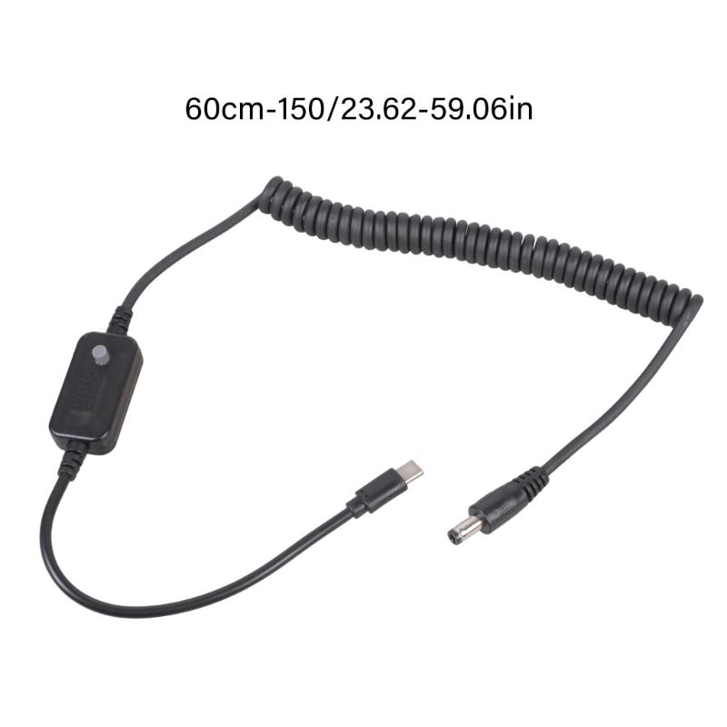 USB C To DC5.5x2.1mm Coiled Power Cable Cord Adjustable Voltages 5V 9V 12V 15V 20V for Fast Charging Devices Black