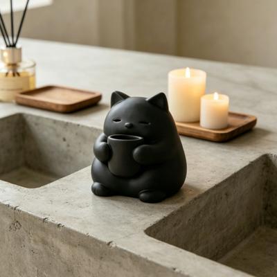 Yousheng Mini Cute Cat Figurine 3D Printed Drinking Tea Cat Statue Small Desktop Ornament for Living Room Bedroom Office Shelf Decor