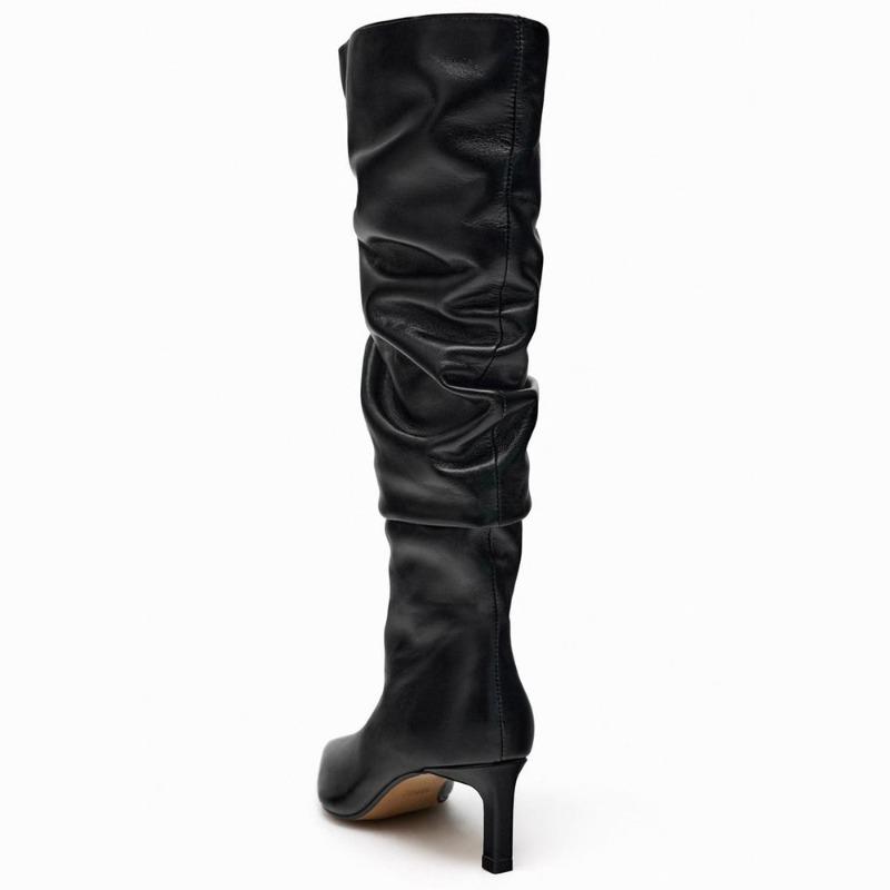 Black Soft Leather Winter Knee Boots Women Sexy Pointy Toe Pleated Kitten Heel Designer Boot Elegant Commuter Botas Largas Mujer