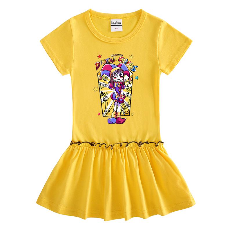 2026 Summer Korean Style Cartoon Short Sleeve Girls' Dress with Color Block and Pleated Skirt