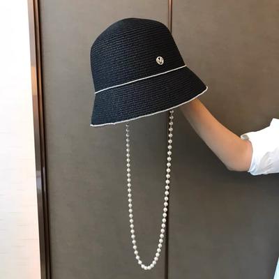 Summer Pearl Chain Bucket Basin Hat Outdoor Travel Anti-Sun Cover Face Straw Bucket Hat Women'S Diamond Sun Hat