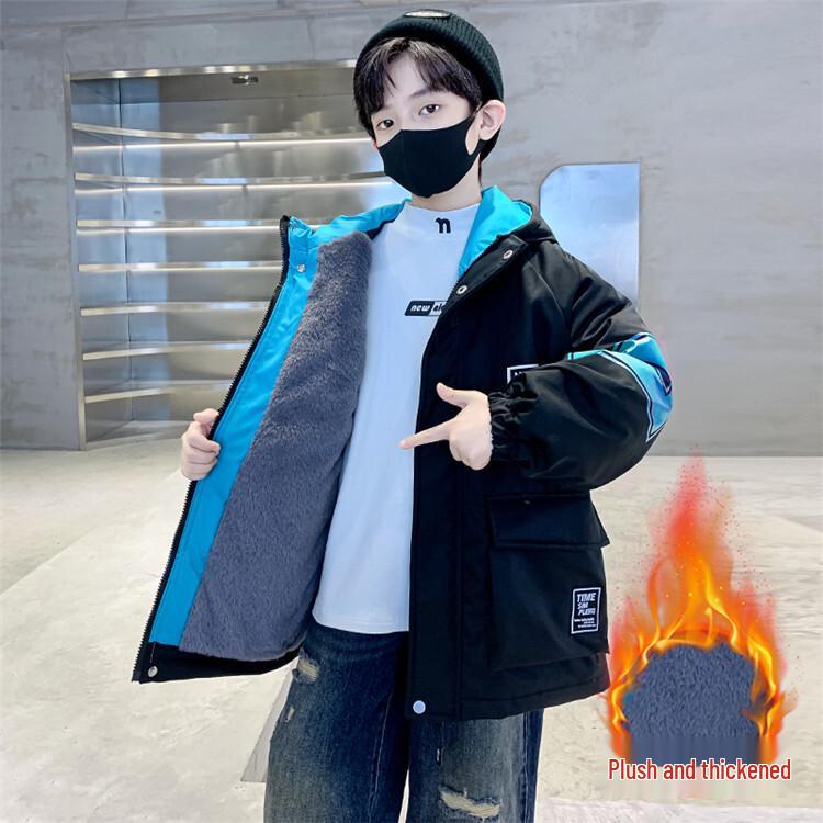 Boys' 2025 Winter Cotton-Padded Fleece-Lined Parka with Rabbit Fur