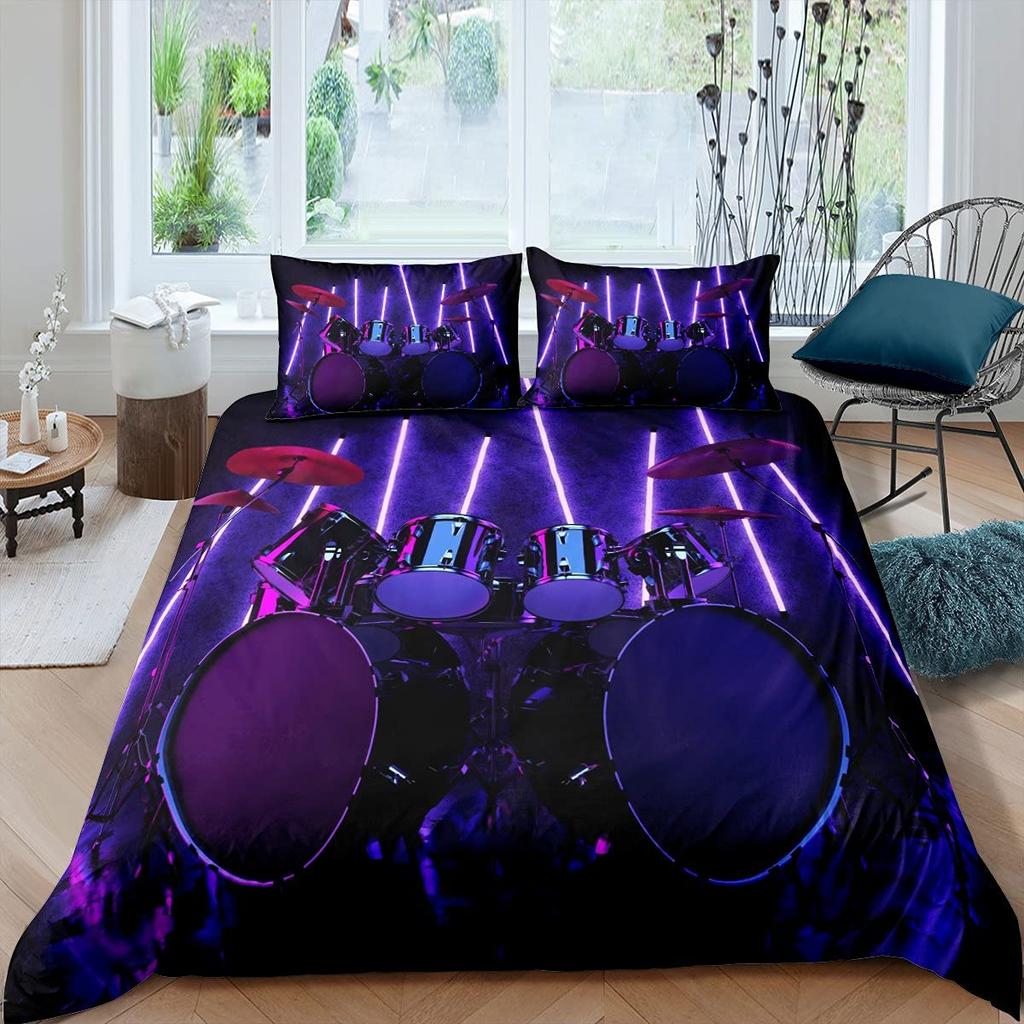 Drum Kit Duvet Cover Sets For Kids Boys Teens Queen Lightweight Quilt Covers Classical Music Bedding Set Room Decor No Comforter