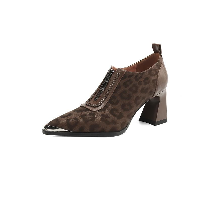 Мода Нові Весняні Гостроносі Леопардові Туфлі з Коров'ячої Шкіри для Жінок Модні Жіночі Туфлі-Човники Жіноче Взуття Масивні Підбори Лофери Високі Підбори