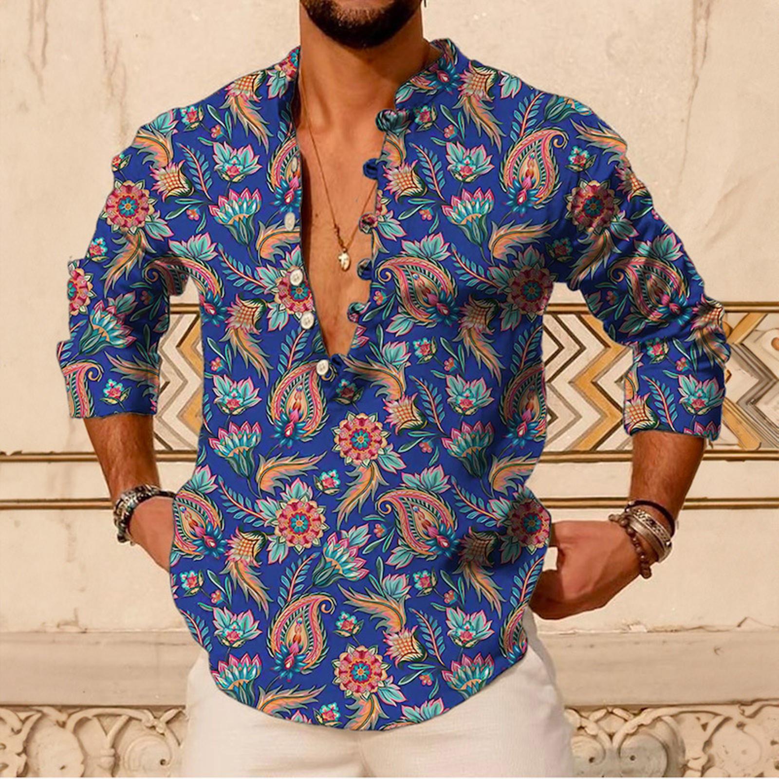 

Мужская Свободная Популярная Повседневная Рубашка-Пуловер с Длинными Рукавами и Воротником-Стойкой XL синий