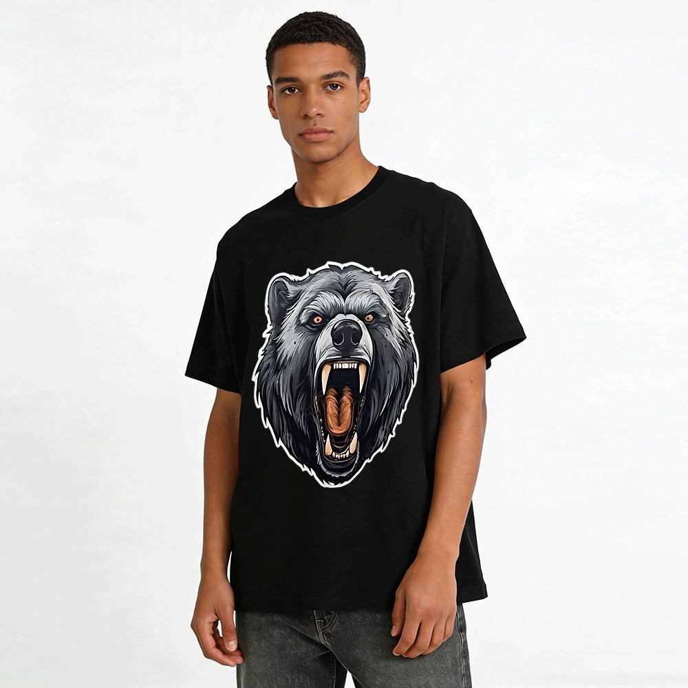 Roaring Black Bear Graphic Men's Casual Crew Neck Tee Pure Cotton T-shirt