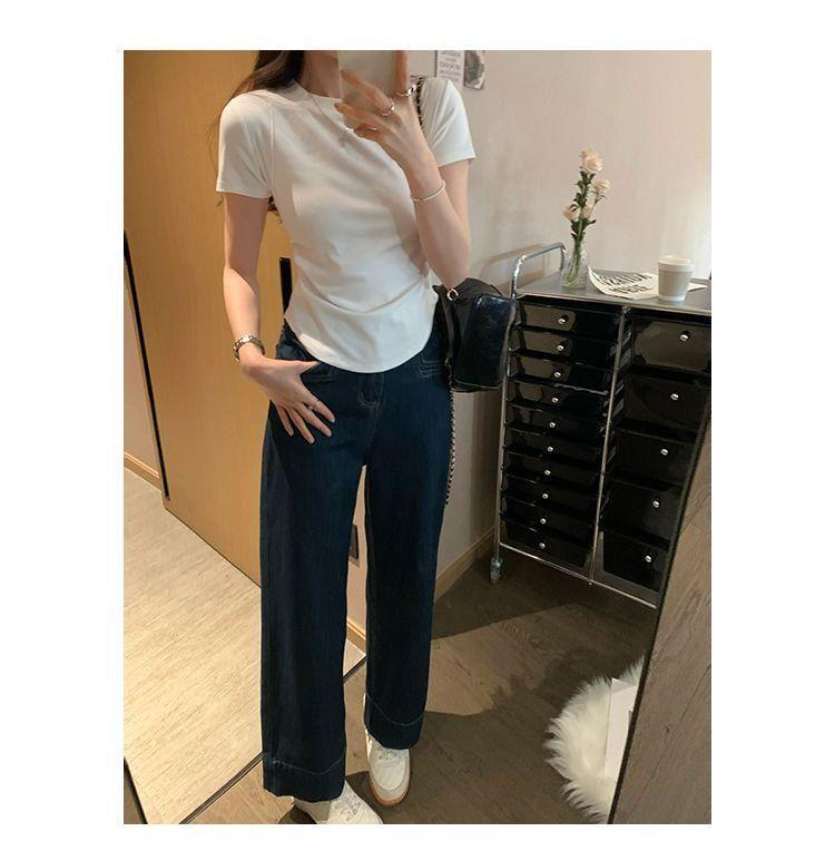 Women's Slim-Fit Black Fishbone Straight-Shoulder T-Shirt – 92% Cotton, 8% Spandex Summer Top