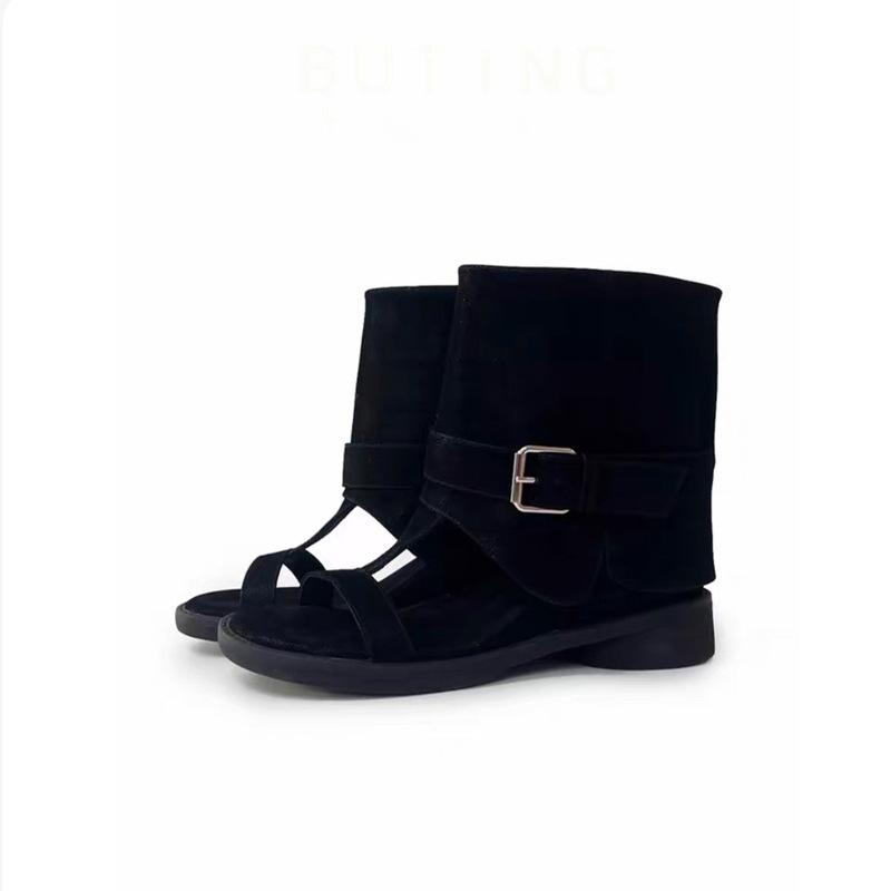 

Retro round head versatile belt buckle thick-soled thick-heeled cool boots 2025 new niche one-word belt Roman short boots trousers 39 чёрный