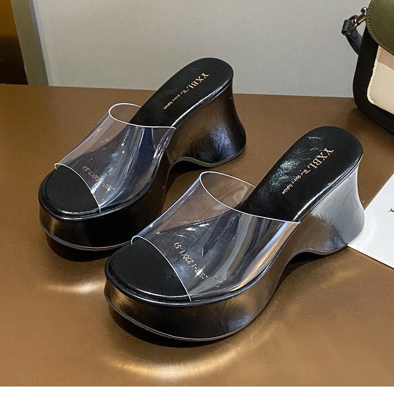 Transparent Belt Open-toed Thick-bottomed Waterproof Table, Super High-heeled Cool Slippers, Women's Outer Weave Wedge Heel, One and a Half Word Drag,