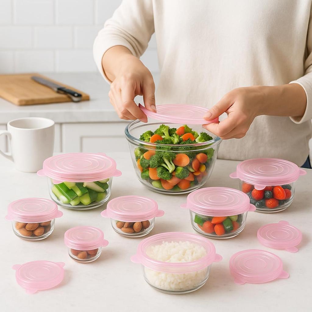 Silicone Stretch Lids Pink (6 Pack) Reble Airtight Food Covers for Bowls, Containers & Fruits |Elastic BPA-Free Stretchable Lids | Microwave, Freezer
