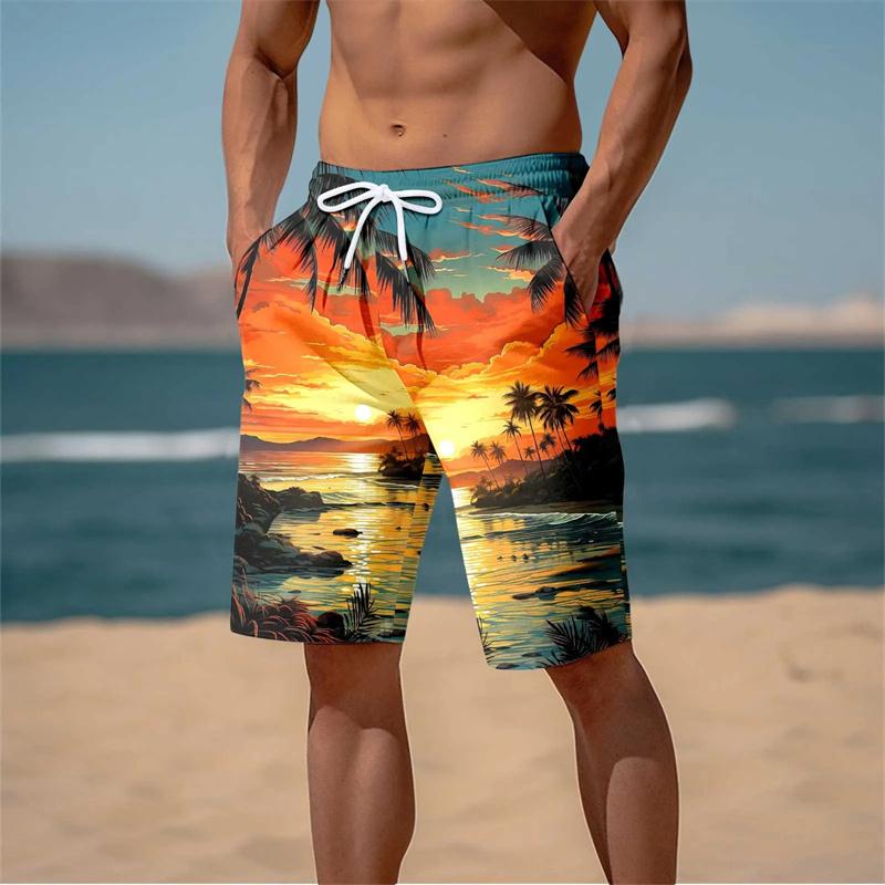 Men‘s’ Hawaiian Cool Swimming Trunks Summer New 3D Cocoanut Trees Printing Beach Shorts Palm Tree Shorts