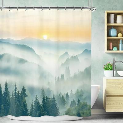 Green Shower Curtain Natural Mountain View Pine Bathroom Decorative Fabric Polyester Waterproof Shower Curtain 90X180CM
