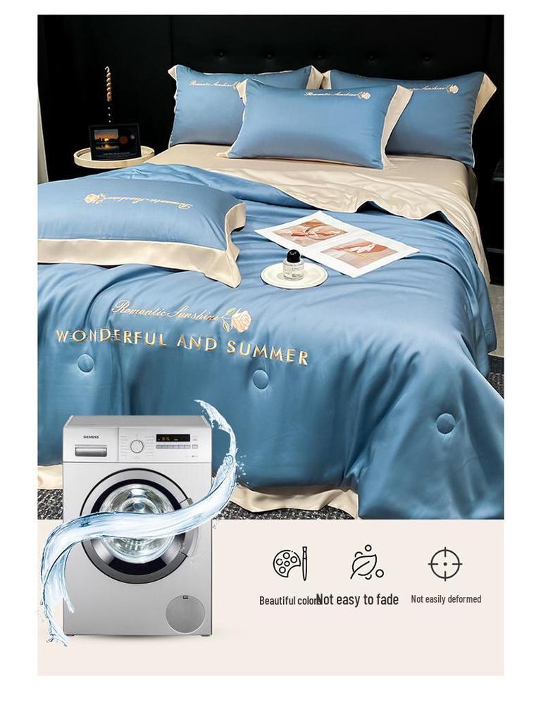 Luxury Washable Ice Silk Summer Quilt Set - Cool, Embroidered, Lightweight Four-Piece Bedding for Air Conditioning
