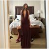 Sexy Halter Brown Long Dress Women Slim Backless Pleat Knot High Slit Draped Dresses Female 2025 Summer Lady Beach Party Dress