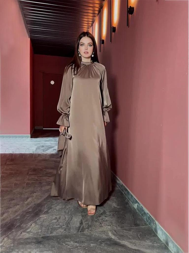 2023 Autumn Solid Color Satin Long-Sleeve Loose Dress with Belt for Women