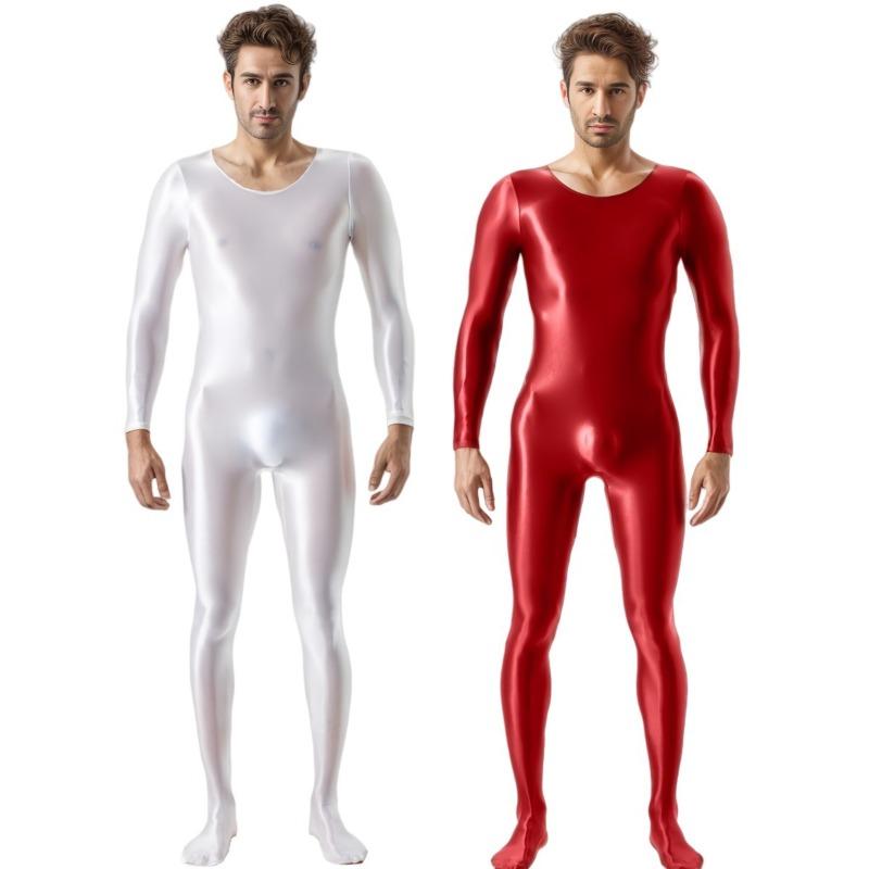Mens Oil Glossy Bodystocking Full Bodysuit Long Sleeve Unitard Jumpsuits Stretchy Sheer Silky Romper Club Party Workout Onesie