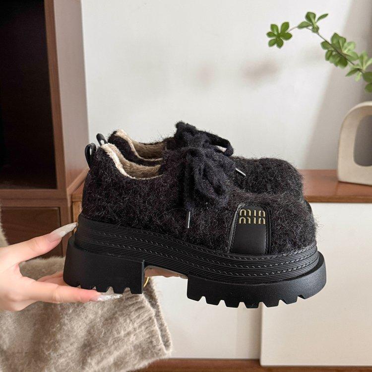 European Golden Velvet Big Head Lace-up Muffin Platform Loafers Women's Versatile Small Height Increase Casual Fluffy Women's Shoes