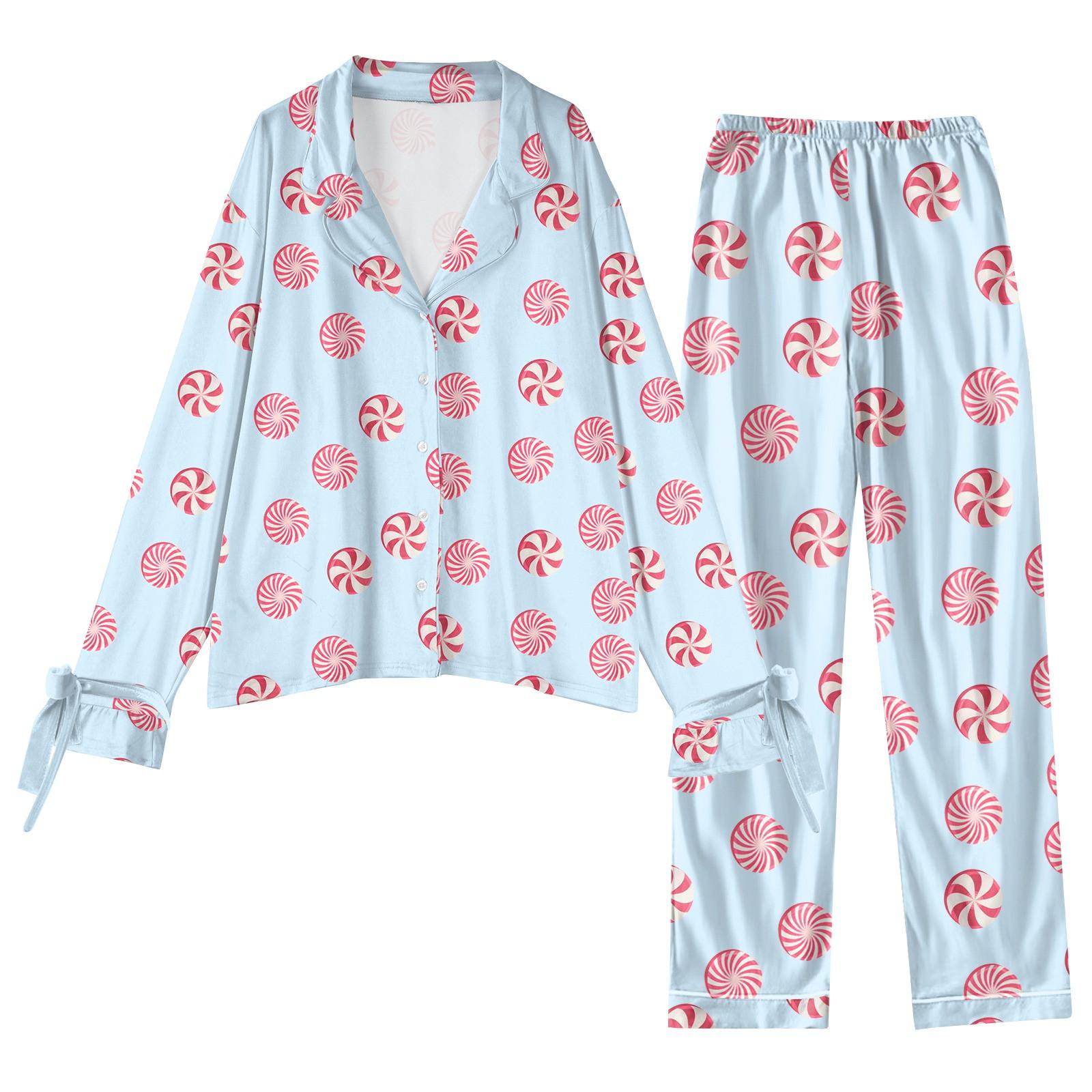 

Женский костюм из 2 предметов с принтом, топ на пуговицах с длинными рукавами, широкие брюки, комплект, пижамный домашний повседневный костюм S