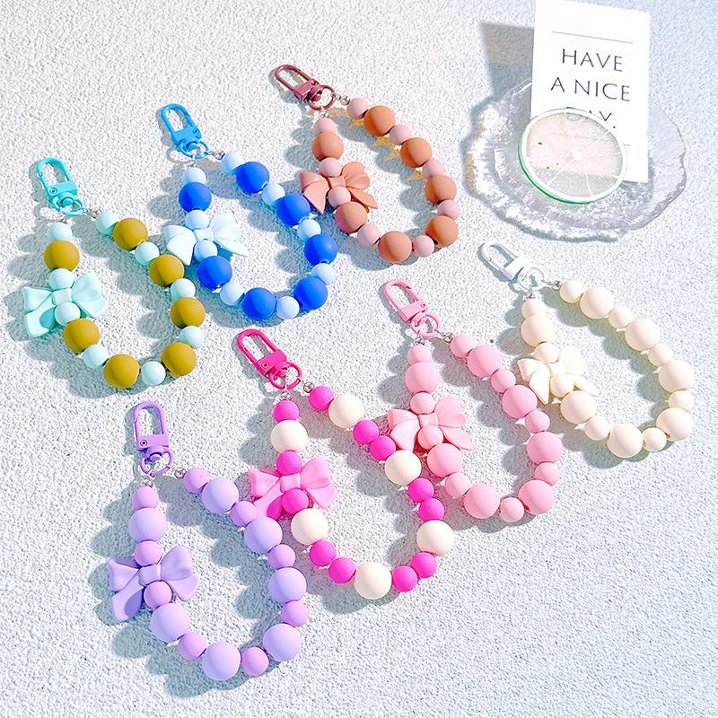 Pink Pearl Bow Keychain Beaded Pendant Anti-Lost Rope Mobile Phone Chain Earphone Bag Car Keychain Backpack Accessory