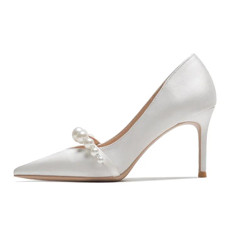 

Туфли на высоком каблуке с белым жемчугом, женские, осень 2025 г., новые, с острым носком, с неглубоким вырезом, атласные, одинарные, свадебные туфли 40