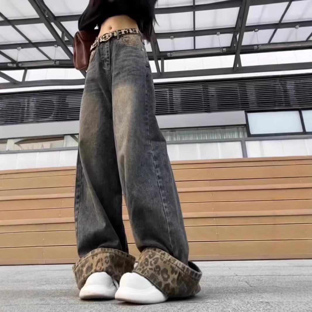 

Джинсы пэчворк с леопардовым принтом, с высокой посадкой и широкими штанинами, для весны и осени XS: Height 155-165CM (33-38kg)