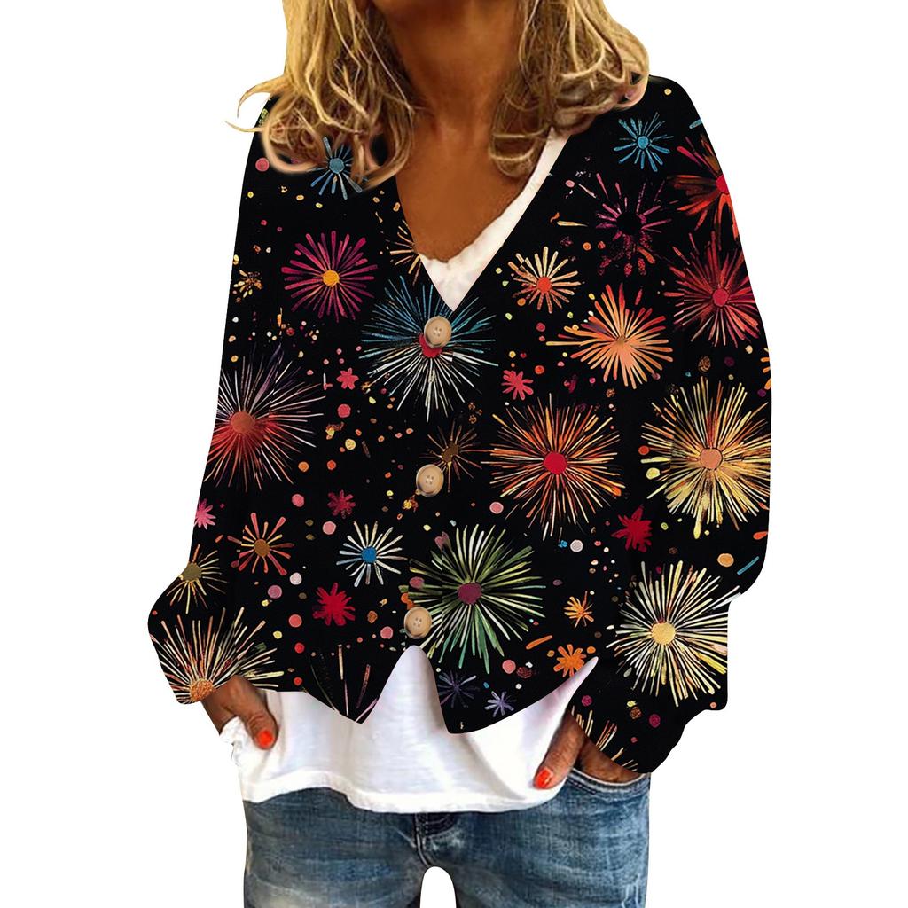 Women's Fashion Short Coat Casual Long Sleeve Printed Single Breasted Plush Top