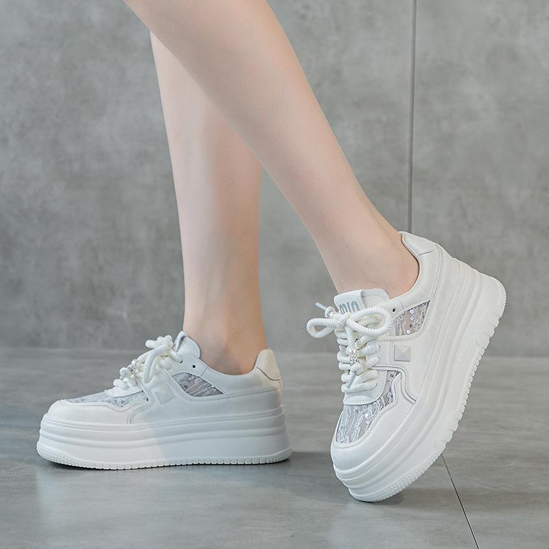 Fashion Mesh white shoes for women 2025 new spring hot items versatile sports genuine leather lace mesh sole board shoes