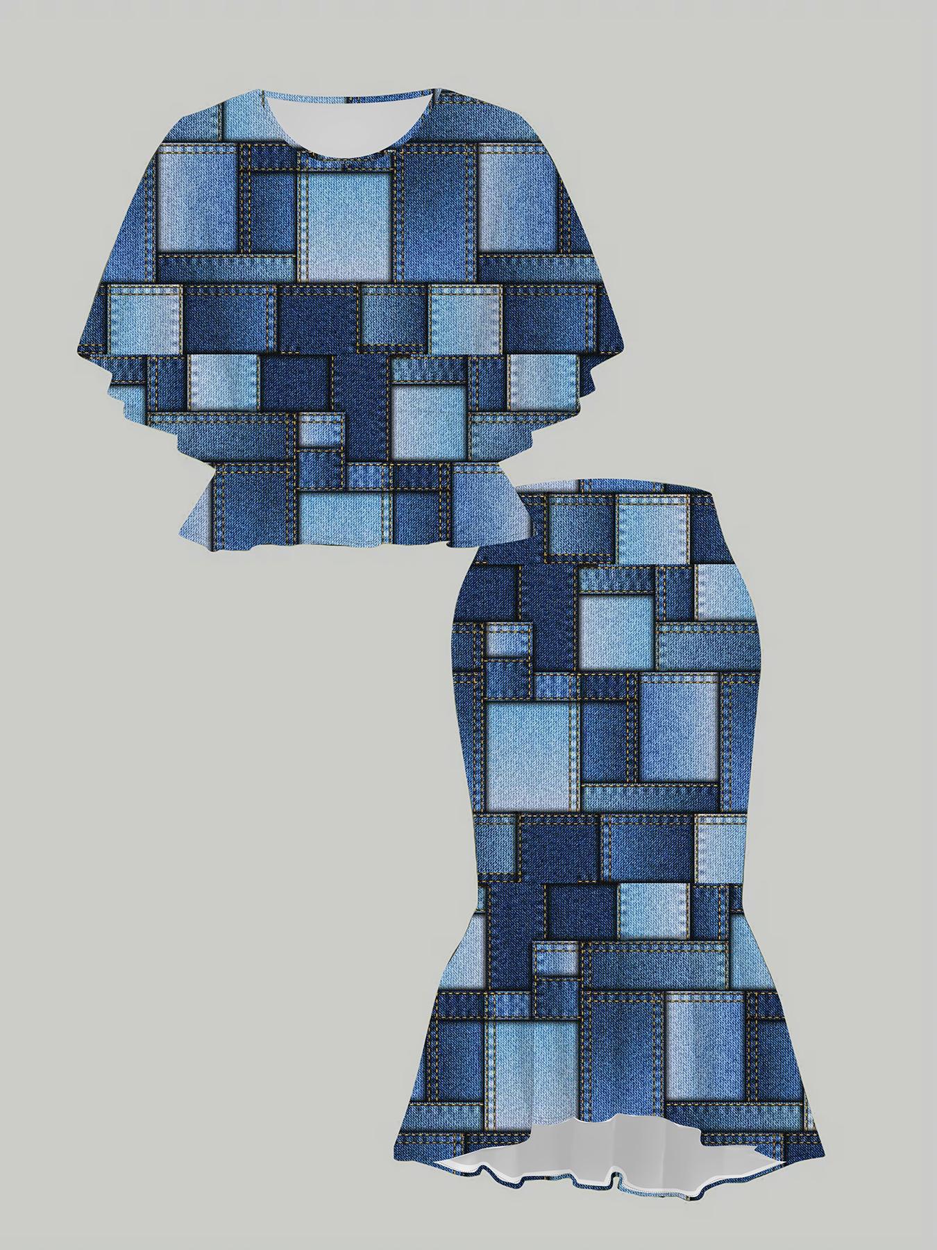 

3D Cowboy Pattern Printed Classical Totem Women s Print, Fashionable Large-sized, Elegant, Versatile for All Seasons. T-shirt, Skirt and Set 1XL темно-синього кольору