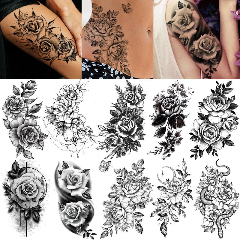 Hochwertige temporäre Rosen-Tattoos für Arm und Wade – Europäischer & Amerikanischer Stil