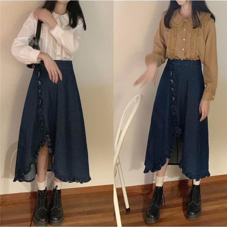 Spring and Autumn Academy Style Versatile High Waist Medium Length Half Length Skirt Design Sense Ruffle Irregular Denim Skirt for Women