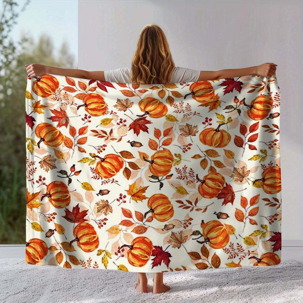 1pc Autumn Fall Flannel Blanket, Pumpkin and Maple Leaf Design Cozy Lightweight for Couch, Bed, Camping, Gift for Thanksgiving