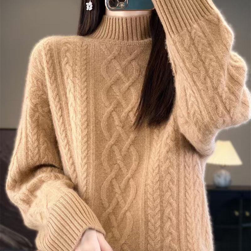 2024 Winter Women's Wool Knit Sweater - Twisted Flower, Half-High Neck, Thick & Loose Fit