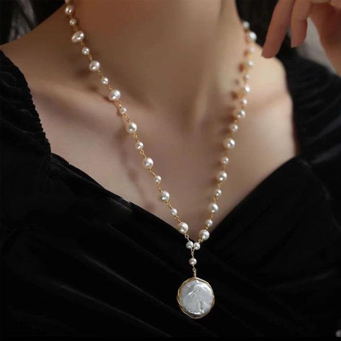 Big Baroque White Pearl Long Necklace Women's