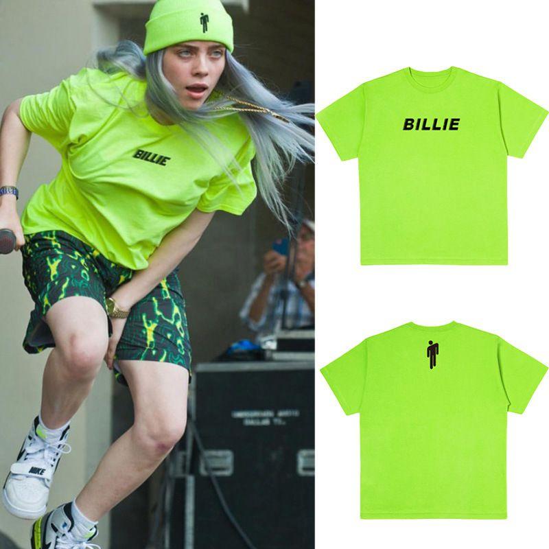 Billie Eilish Print Short Sleeve Crew Neck Tshirt For Women Summer Tops In Fluorescent Green
