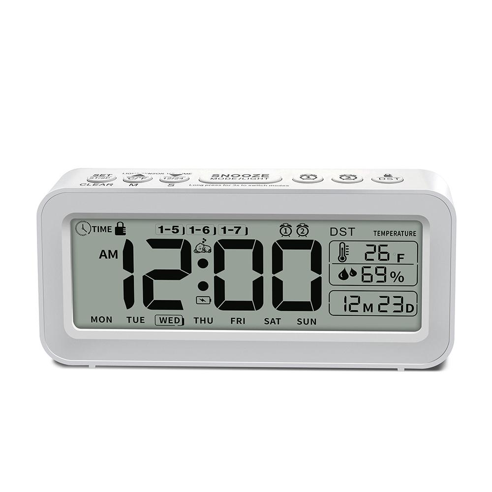 Digital Alarm Clock with Temperature Humidity Countdown LCD Calendar Weekday Display Battery Powered for Home Office Décor