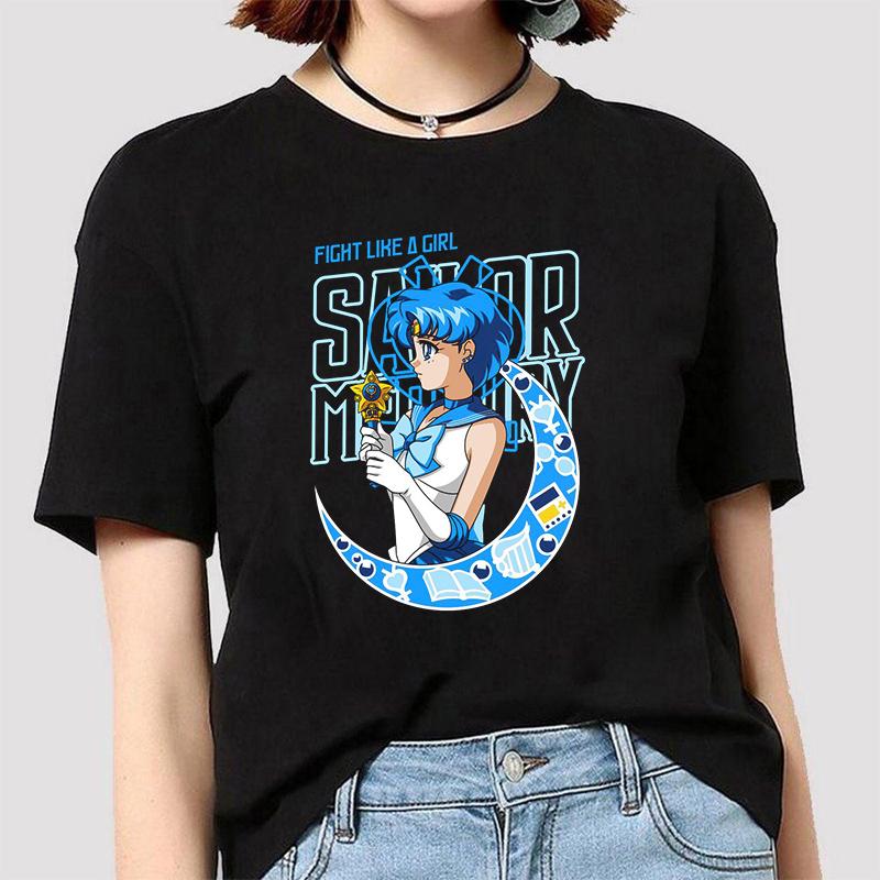 Anime Sailor Moon 18 Different Patterns Summer Printed Casual Black Short Sleeves Cotton Tops O Neck Women T Shirts
