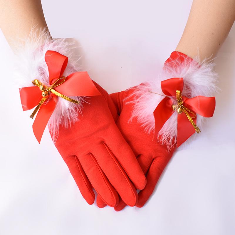 WTEMPO 1 Pair Cold-proof Full Finger Gloves Elegant Warm Bow Plush Bell Red Gloves Christmas Costume Decorative Accessories