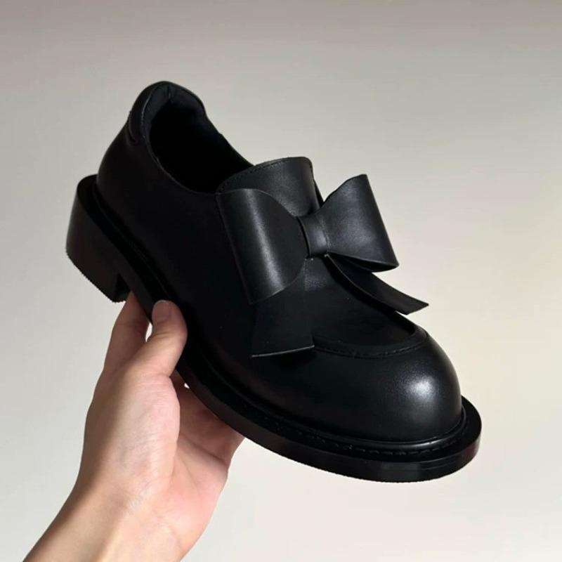 Leather college style bow round head small leather shoes women's spring and autumn new thick heel platform loafers single shoes