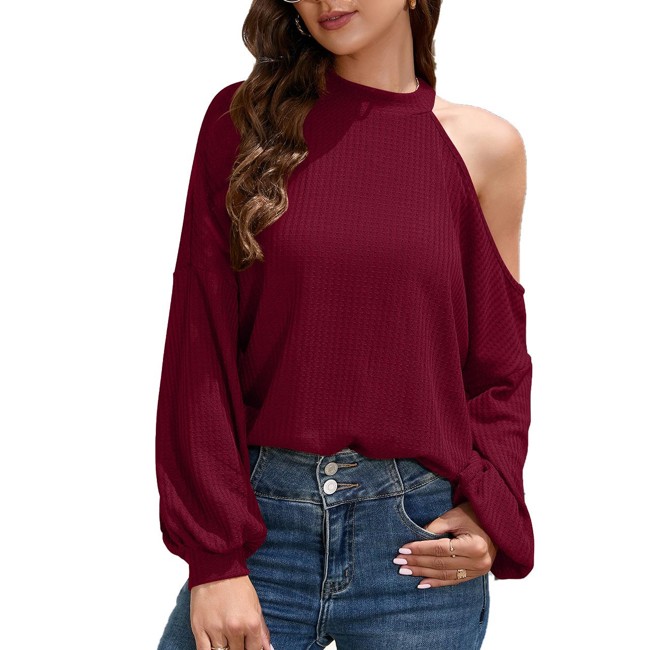 

Весна Осень Женская Блузка Рубашка Вафельная С открытыми плечами Длинный рукав Футболка с круглым вырезом Топы XL вино красного