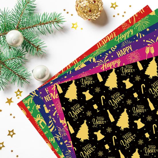 5Pcs Christmas Wrapping Paper Gold Foil Gift Wrap with Holiday Tree Designs Flower Bouquet Packing Paper for DIY Present Packaging