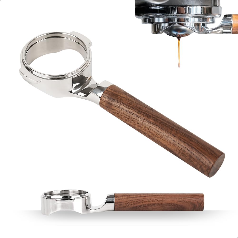 Watchget 58mm Bottomless Naked Portafilter - Flat Base Compatible with E61 and La Marzocco Espresso Machine Models, Stainless Steel with Walnut