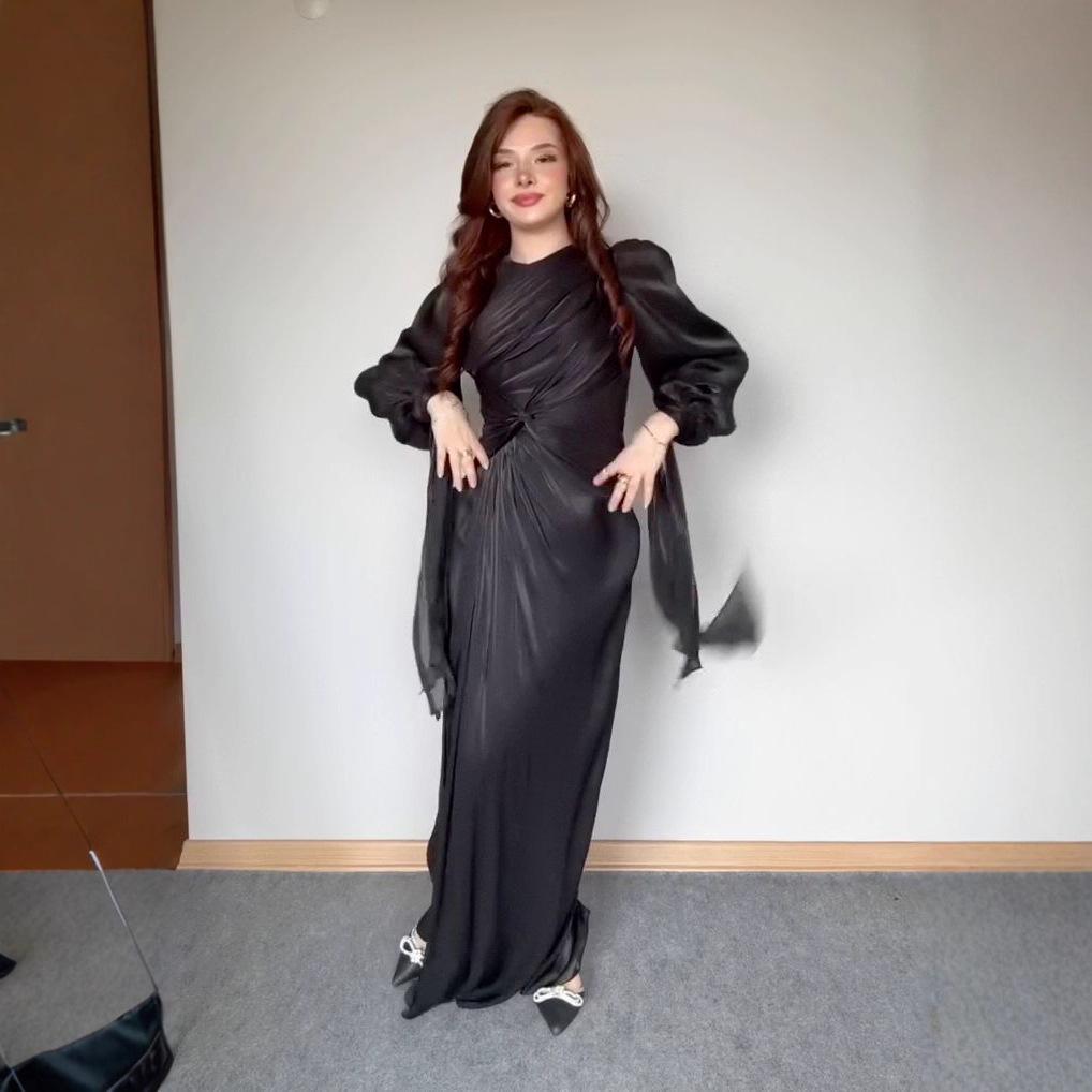 European & American Women's 2025 Summer Satin High-Waist Pleated Tie-Waist Hip-Wrap Dress