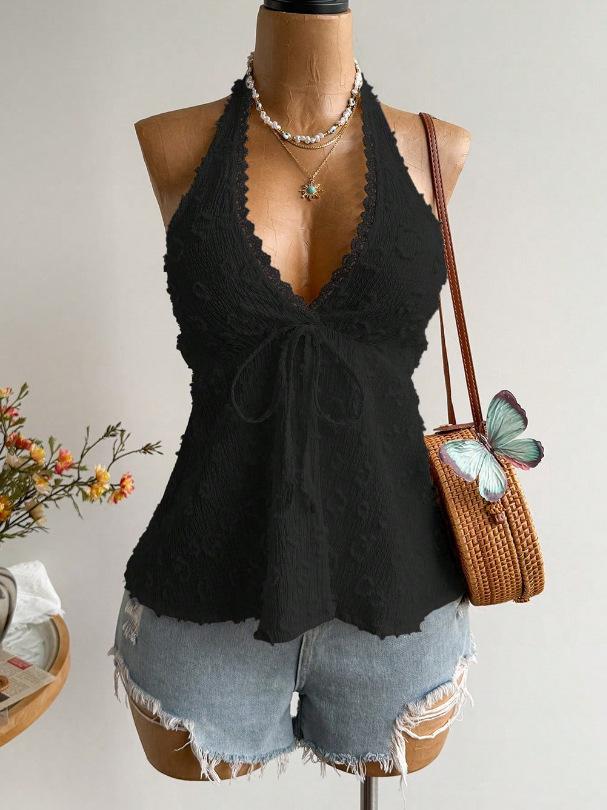 Women Halter V Neck Lace Camisole Sexy Summer Top S чёрный